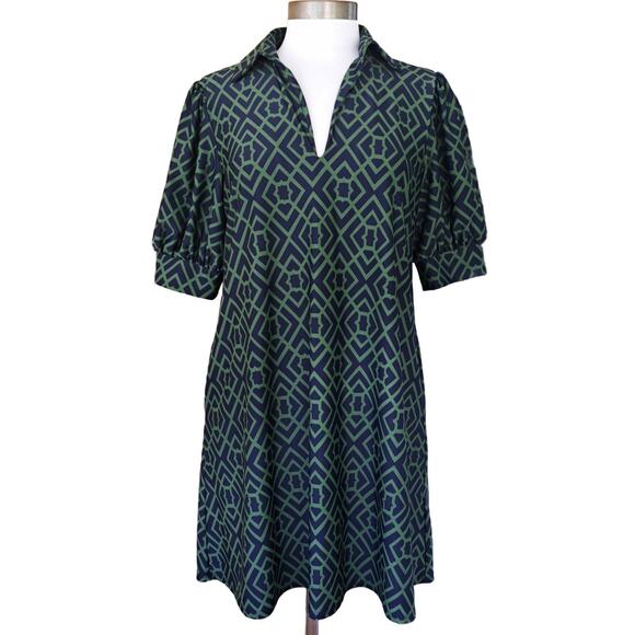 JUDE CONNALLY Emerson Puff Sleeve Mini Dress Small Garden Lattice Navy Green - Picture 2 of 12